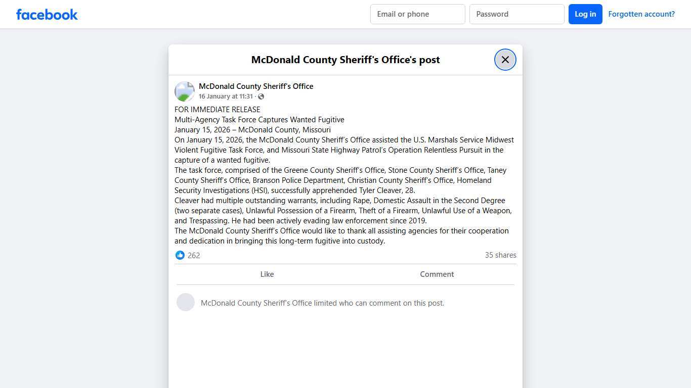 FOR IMMEDIATE RELEASE... - McDonald County Sheriff's Office Facebook